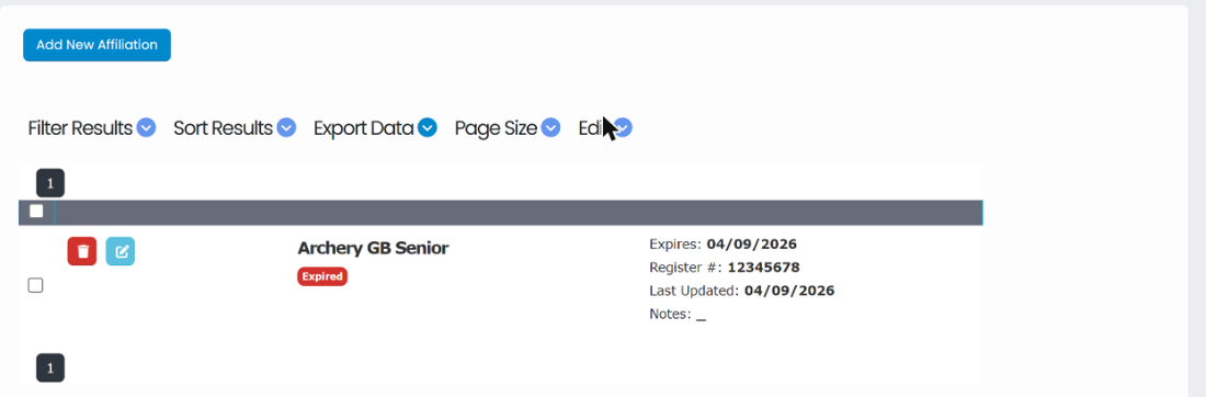 Affiliations list showing Archery GB Senior with an Expired badge, its expiry date, register number and last updated date