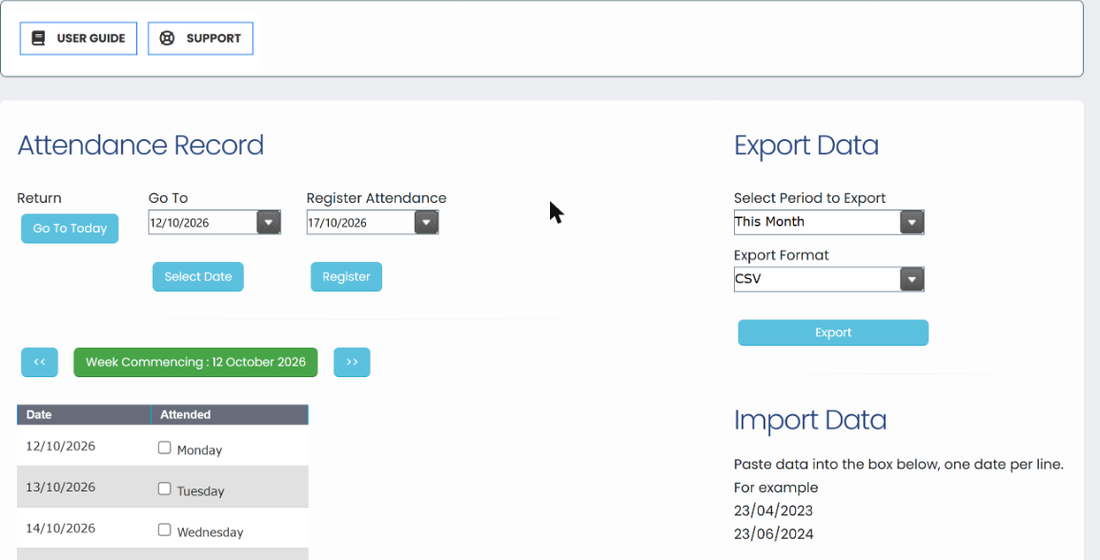 Attendance Record with Go To Today, Go To date, Register Attendance and the week grid, beside the Export Data panel