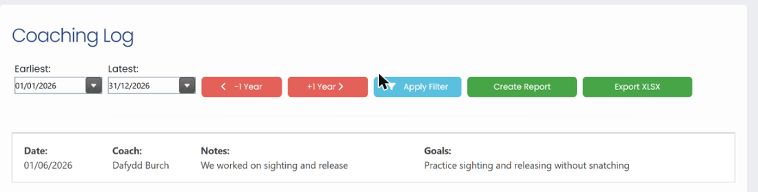 Coaching Log with Earliest and Latest dates, -1 Year, +1 Year, Apply Filter, Create Report and Export XLSX buttons, and one session entry