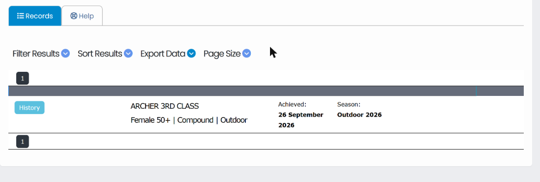 Current Classifications page showing Archer 3rd Class for Female 50+ Compound Outdoor, achieved 26 September 2026 in the Outdoor 2026 season