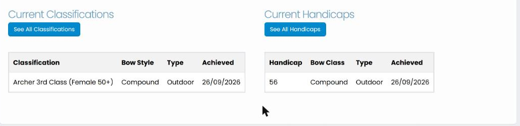 Current Classifications and Current Handicaps tables at the bottom of the dashboard