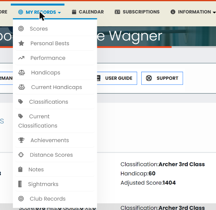 The My Records menu open, listing Scores, Personal Bests, Performance, Handicaps, Current Handicaps, Classifications, Current Classifications, Achievements, Distance Scores, Notes, Sightmarks and Club Records