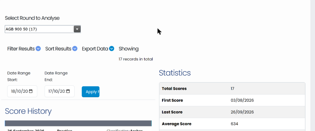 Performance for Round page showing the Select Round to Analyse list, table controls and date range