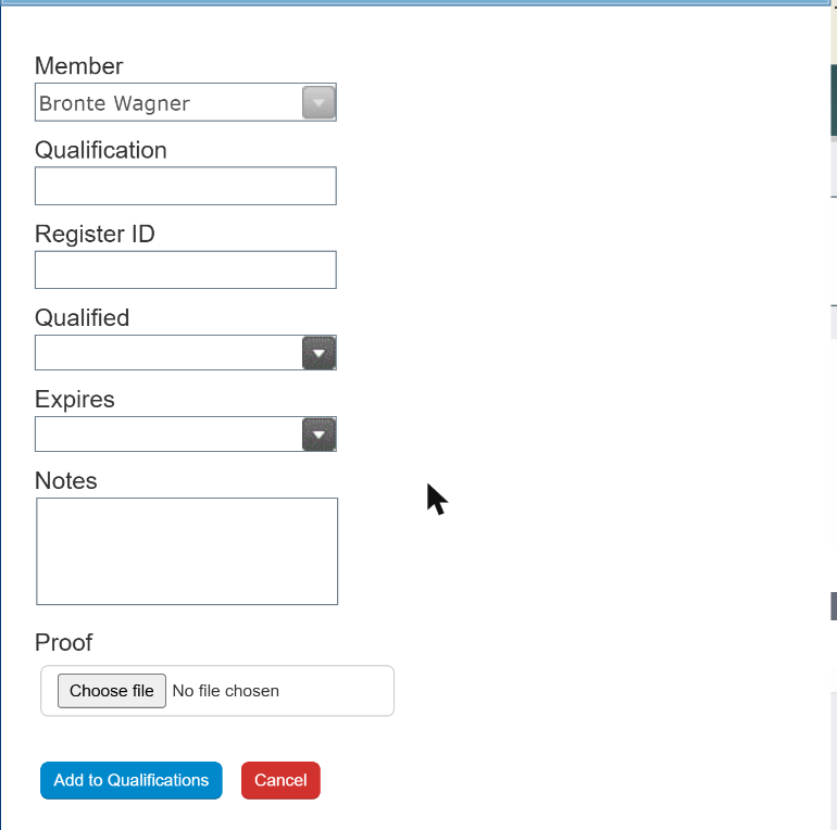 Add qualification form with Member, Qualification, Register ID, Qualified, Expires, Notes and Proof fields