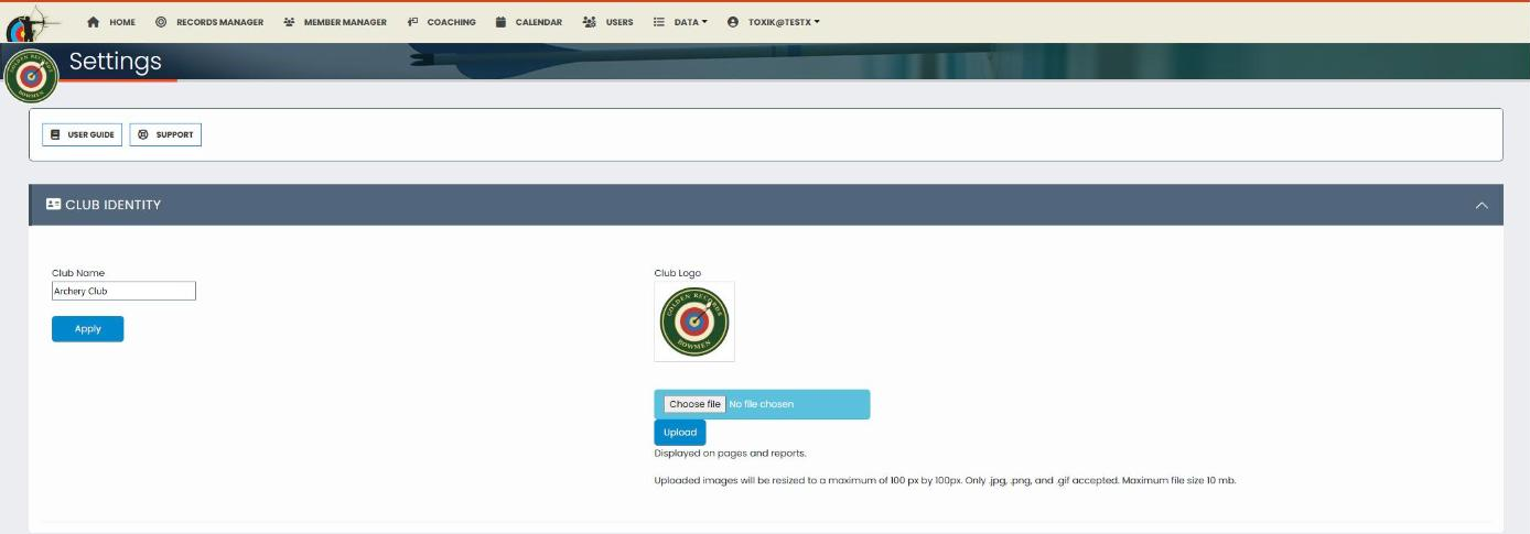 Settings page showing the Club Identity panel