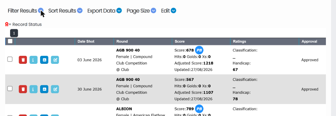 The My Score Records table with action buttons, date shot, round, score, ratings and approval columns
