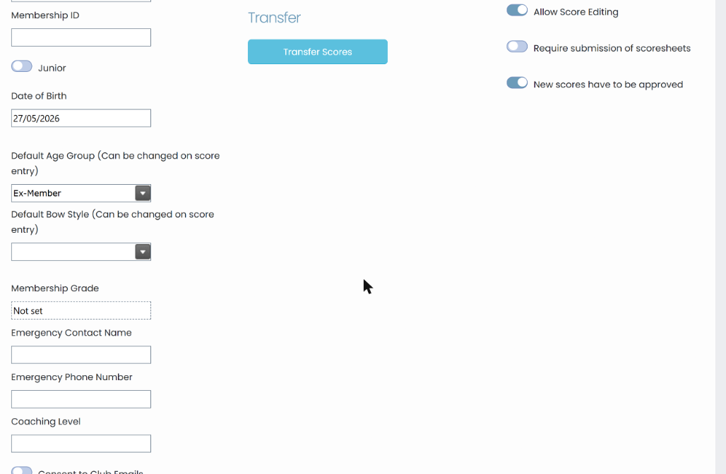Lower part of Key data with Membership ID, Junior, Date of Birth, Default Age Group, Default Bow Style, Membership Grade, emergency contact and Coaching Level