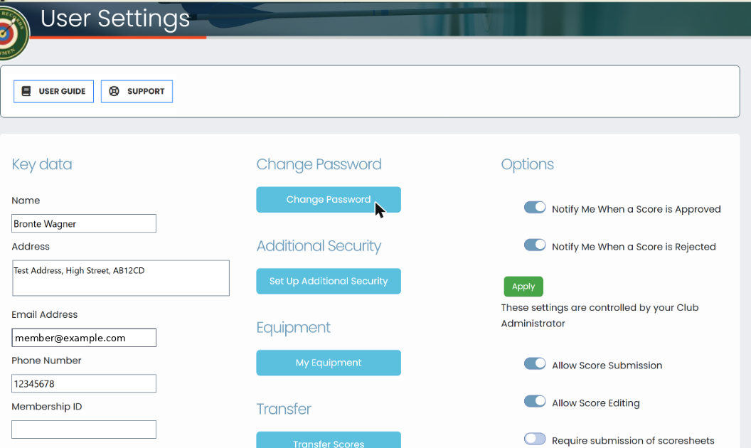 User Settings page with Key data, Change Password, Additional Security, Equipment and Transfer buttons, and Options