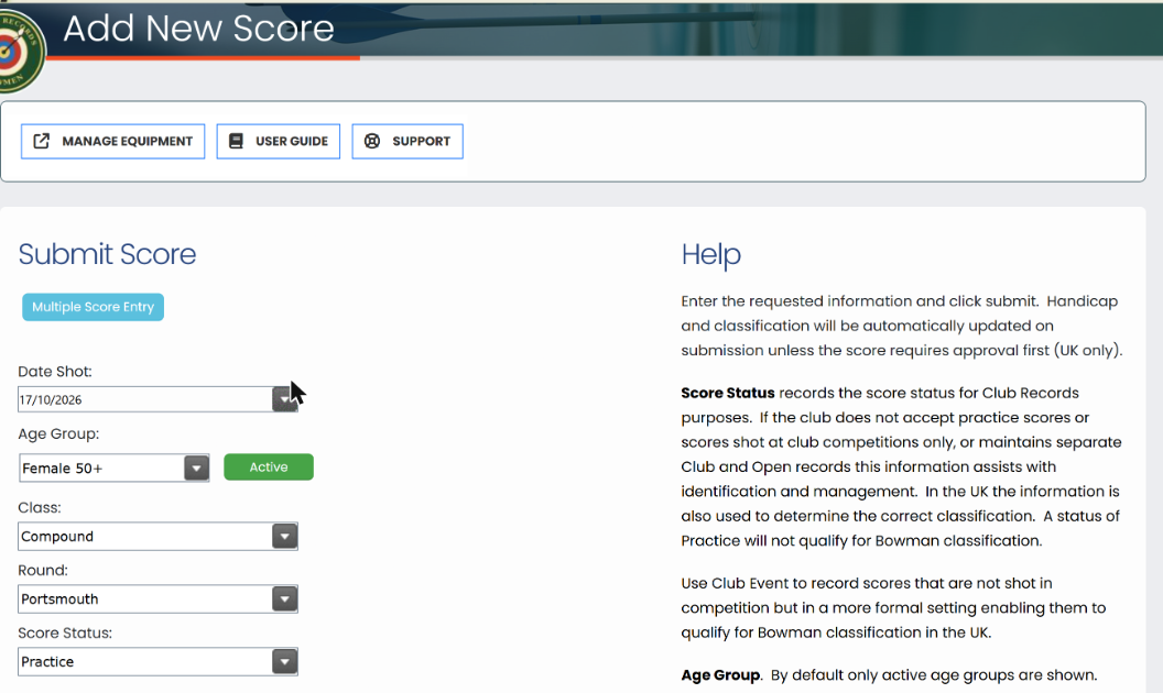 The Add New Score page showing the Submit Score form on the left and the Help panel on the right