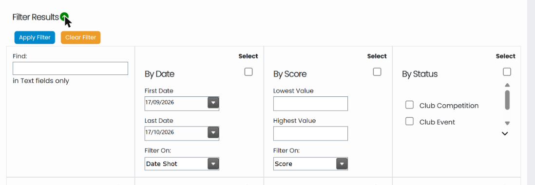 The Filter Results panel open above the scores table, showing Find, By Date, By Score and By Status filters with Apply Filter and Clear Filter buttons