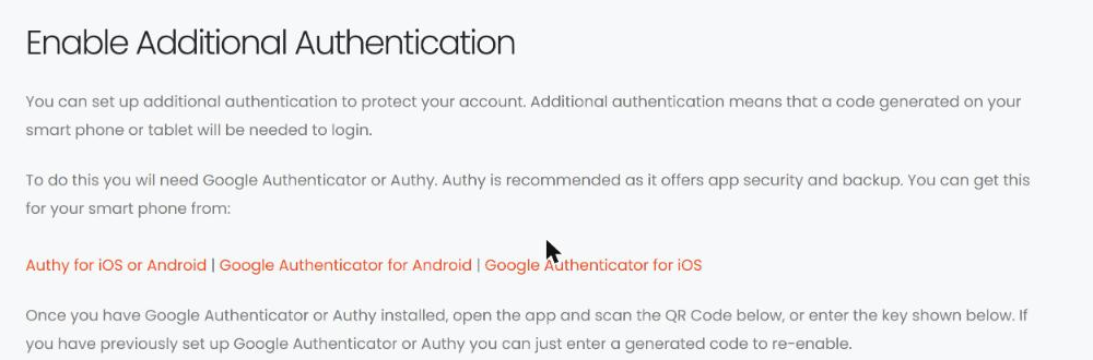 Enable Additional Authentication page explaining the app options (QR code and key not shown)